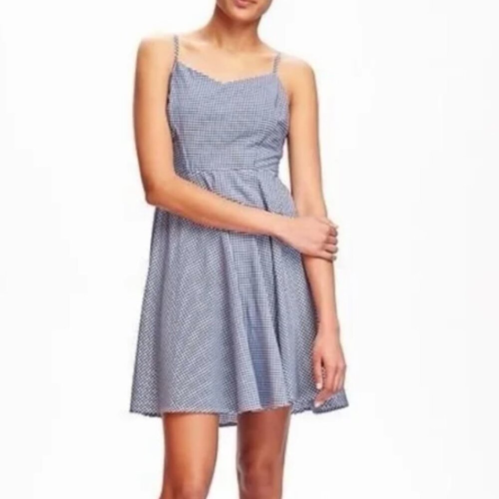 Old Navy Fit Flare Cami Blue White Gingham Smocked Summer Swing Mini Dress (L)